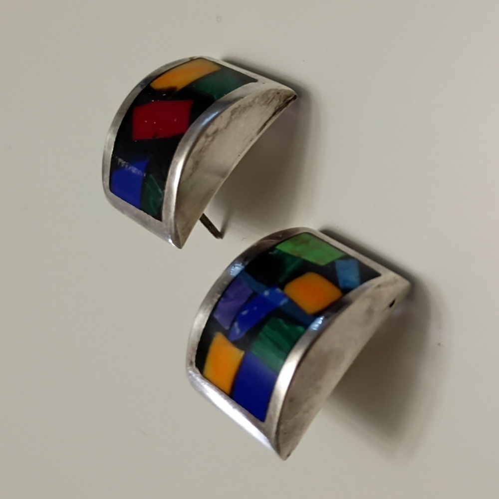 925 Modernist Sterling Silver 1" Earrings Inlay Wearable Art Colorful Jewelry